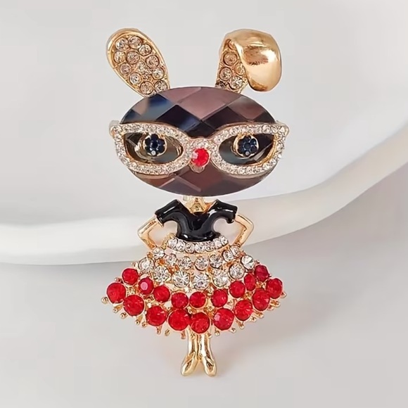 Vintage Jewelry - Bunny in Dress Brooch Rhinestone Brooch Pin - Red